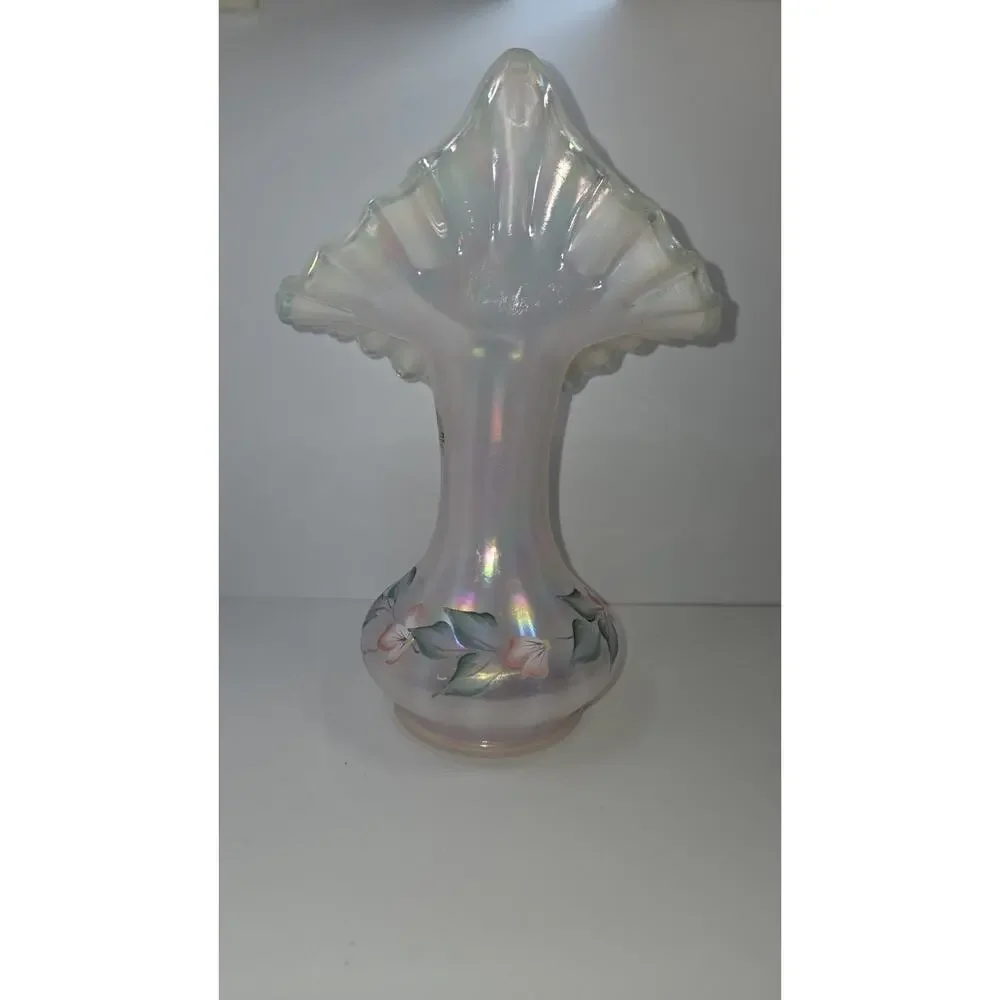 Vintage Fenton Hand-Painted Opalescent Ruffled Glass Floral Vase Signed
